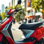 Motorroller 50ccm vor einer urbanen Kulisse mit lebhaften Farben und modernem Design.