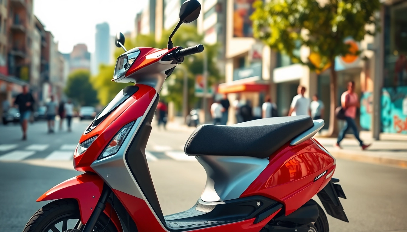 Motorroller 50ccm vor einer urbanen Kulisse mit lebhaften Farben und modernem Design.