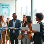 Engaged professionals exploring jobs new york together in a modern office atmosphere.