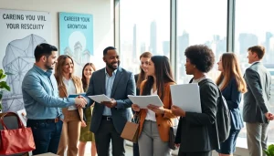 Engaged professionals exploring jobs new york together in a modern office atmosphere.