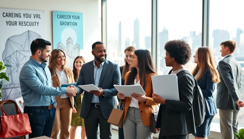 Engaged professionals exploring jobs new york together in a modern office atmosphere.
