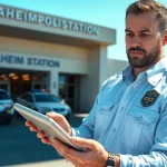 Engage in an Anaheim inmate search with an officer analyzing records at a police station.