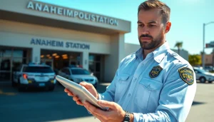 Engage in an Anaheim inmate search with an officer analyzing records at a police station.