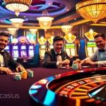79king players engaging in a thrilling poker game at a casino table.
