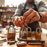 Showcasing locksmith skills at https://www.dakenlocks.com with professional tools and locks in a workshop.