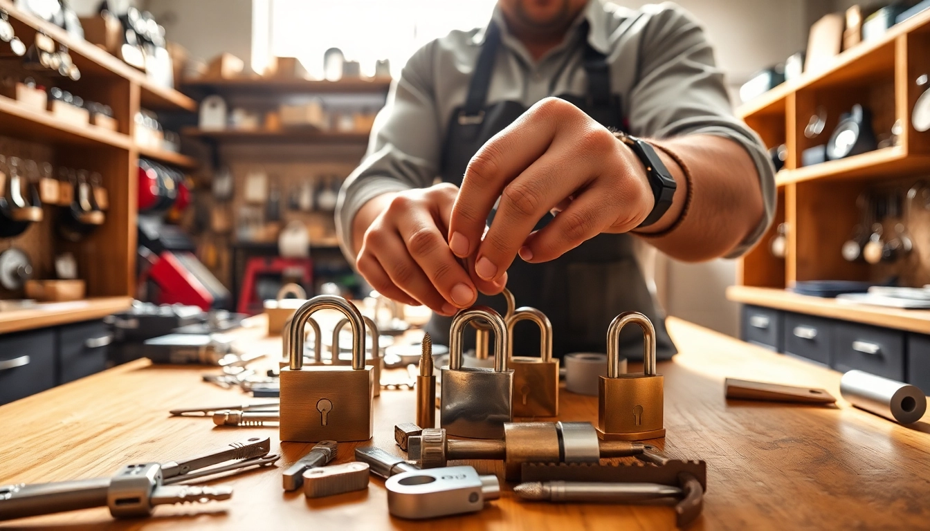 Showcasing locksmith skills at https://www.dakenlocks.com with professional tools and locks in a workshop.
