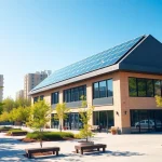 Certificado Ahorro Energético en un edificio moderno y eficiente energéticamente con paneles solares.