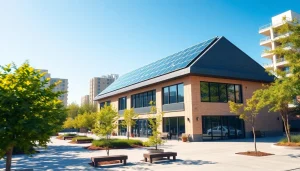Certificado Ahorro Energético en un edificio moderno y eficiente energéticamente con paneles solares.