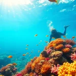 Diving into the vibrant coral reef with marine life at https://marvinscubaexpeditions.com, showcasing natural beauty.