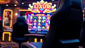Mainkan slot luxury138 slot di lingkungan gaming yang mewah dengan kursi modern.