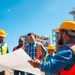 Showcase of a New Jersey Commercial General Contractor at a busy construction site, emphasizing teamwork and activity.