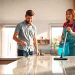 Cleaning Service team diligently cleaning a bright, modern living room with teamwork.
