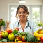 Analyze fresh ingredients on https://healthyvix.com with a professional nutritionist in a bright kitchen.