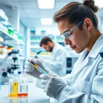 Researchers analyzing samples of research peptides in a modern lab environment.