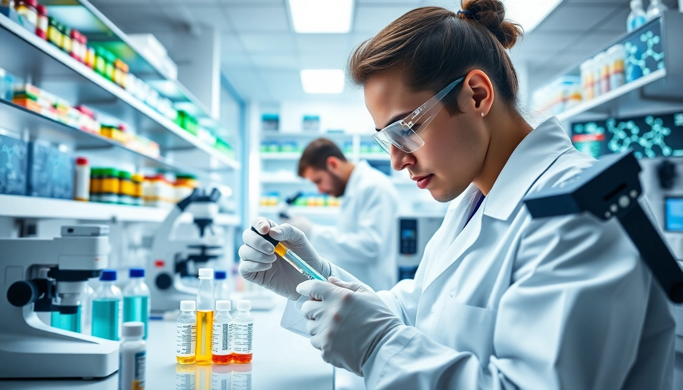 Researchers analyzing samples of research peptides in a modern lab environment.