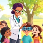 Highlighting the importance of Our Children's Vision with children undergoing eye care in a sunny park.