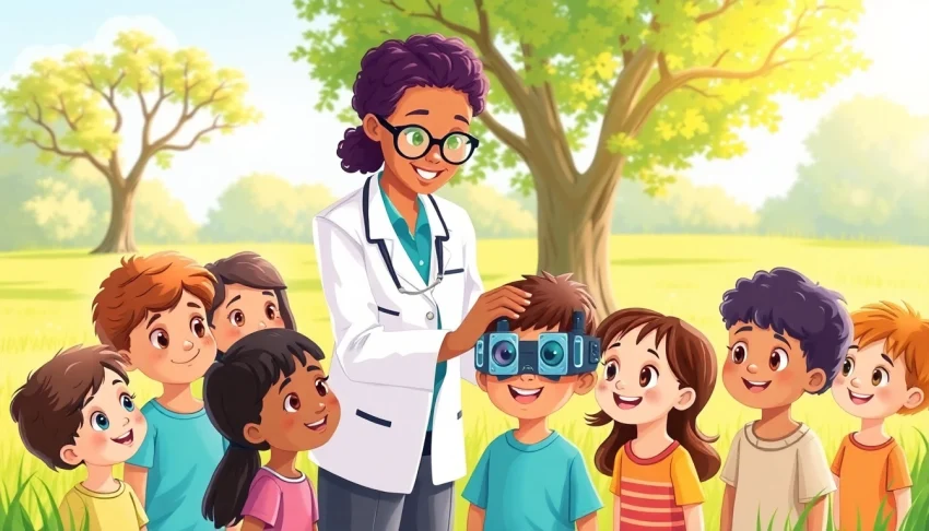 Highlighting the importance of Our Children's Vision with children undergoing eye care in a sunny park.