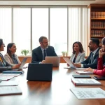 Discussing legal strategies at https://www.lalitlaw.com in a modern office setting with clients and a lawyer.