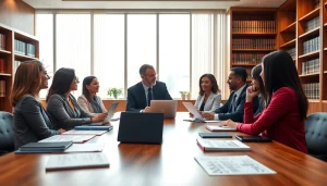 Discussing legal strategies at https://www.lalitlaw.com in a modern office setting with clients and a lawyer.