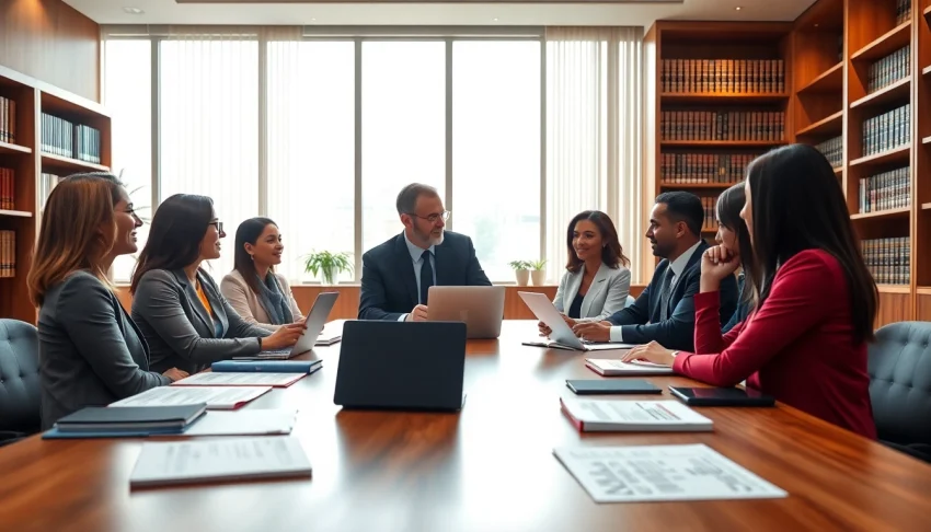 Discussing legal strategies at https://www.lalitlaw.com in a modern office setting with clients and a lawyer.