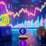Cryptocurrency blockchain representation with Bitcoin and Ethereum logos, trading charts, and digital wallets.