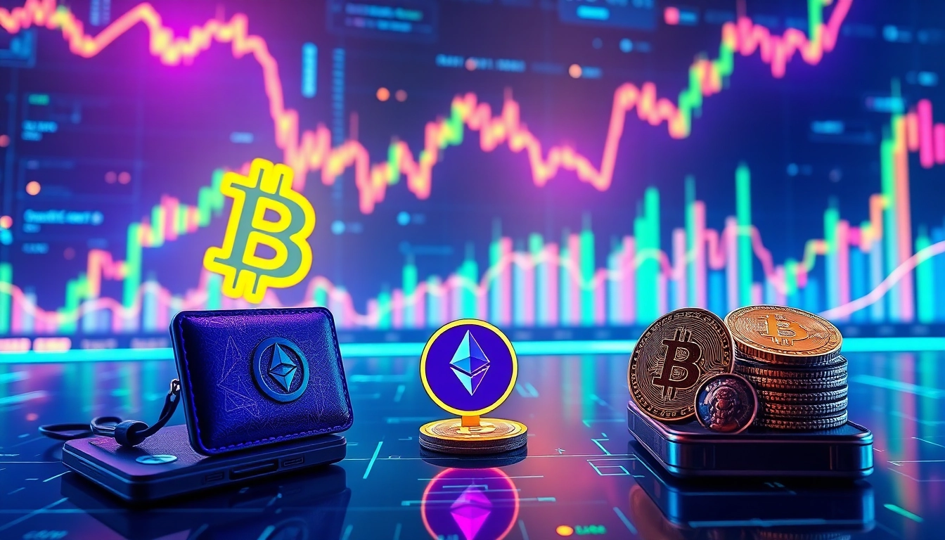 Cryptocurrency blockchain representation with Bitcoin and Ethereum logos, trading charts, and digital wallets.