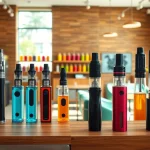 Vapes in a well-lit vape shop with a variety of colorful vape juices on display.