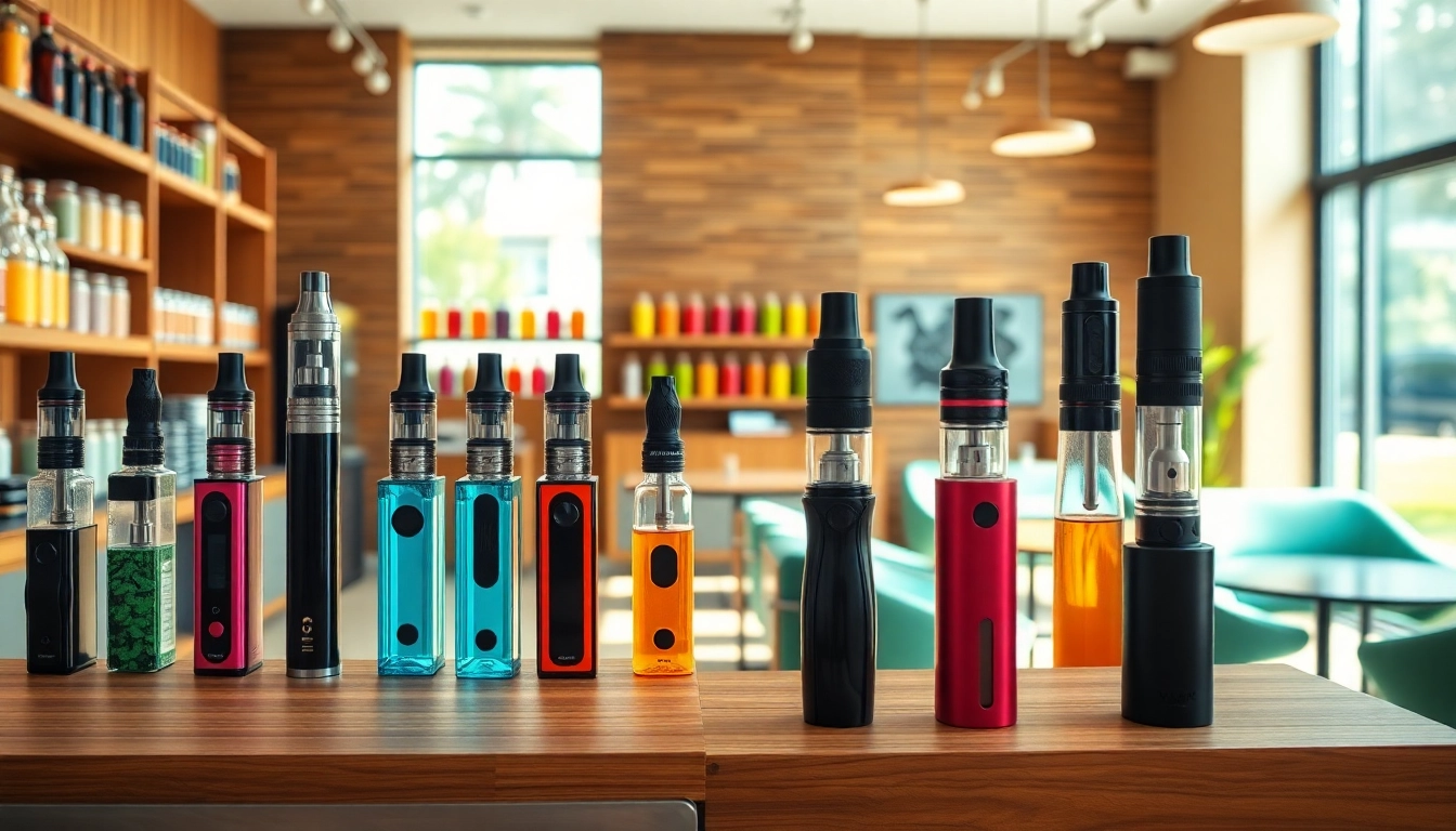 Vapes in a well-lit vape shop with a variety of colorful vape juices on display.