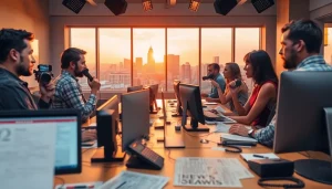 Covering news updates at https://www.slavicsac.com with journalists collaborating in a vibrant newsroom.