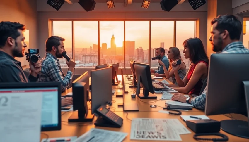 Covering news updates at https://www.slavicsac.com with journalists collaborating in a vibrant newsroom.