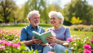 Engaged elderly couple on https://frontidas.com enjoying a vibrant retirement in a sunny park.
