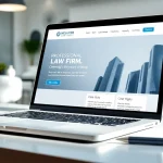Showcasing a professional law firm website design at https://www.lawfirmswebsitedesign.com on a sleek laptop in a modern office setting.