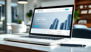 Showcasing a professional law firm website design at https://www.lawfirmswebsitedesign.com on a sleek laptop in a modern office setting.