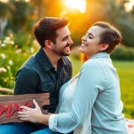 Photoshoot tampa capturing a joyful couple in a lush park with natural lighting and vibrant colors.
