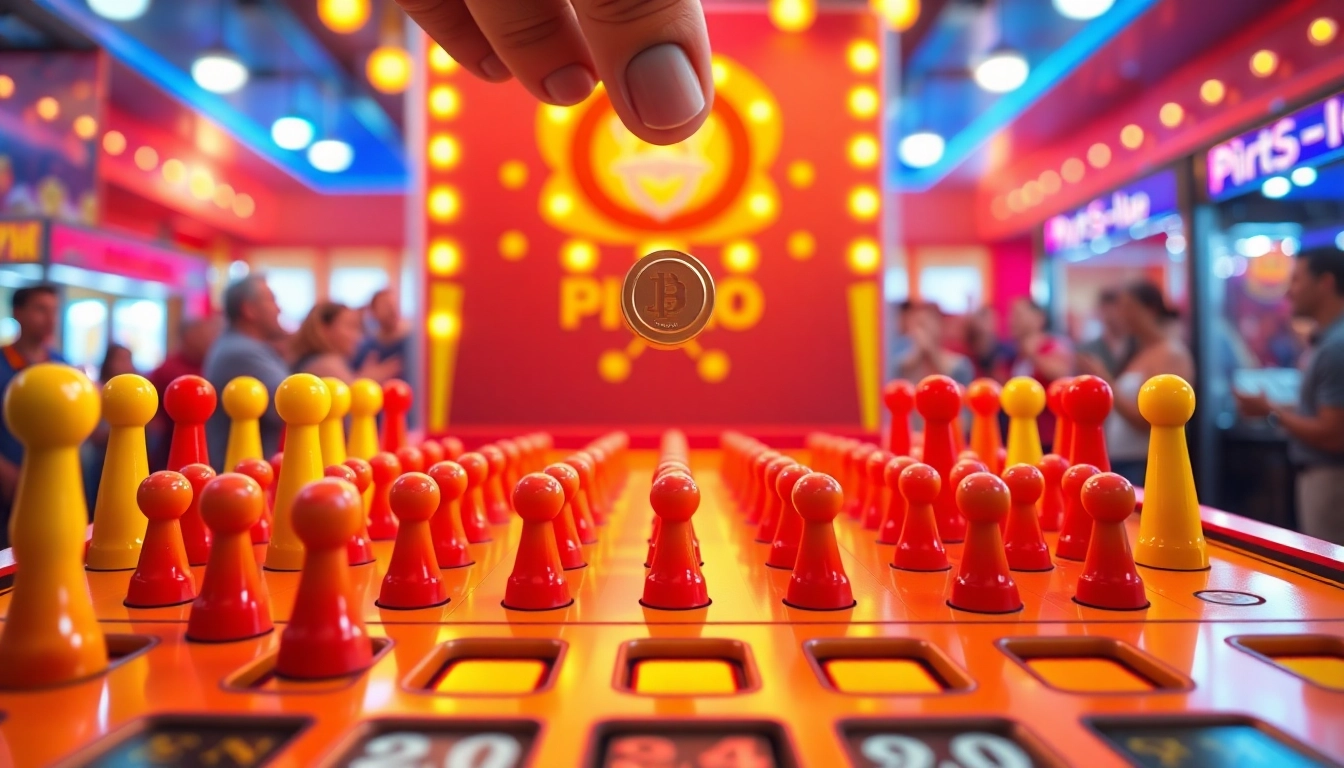 Engaging plinko game scene with colorful pegs and players dropping coins in action.