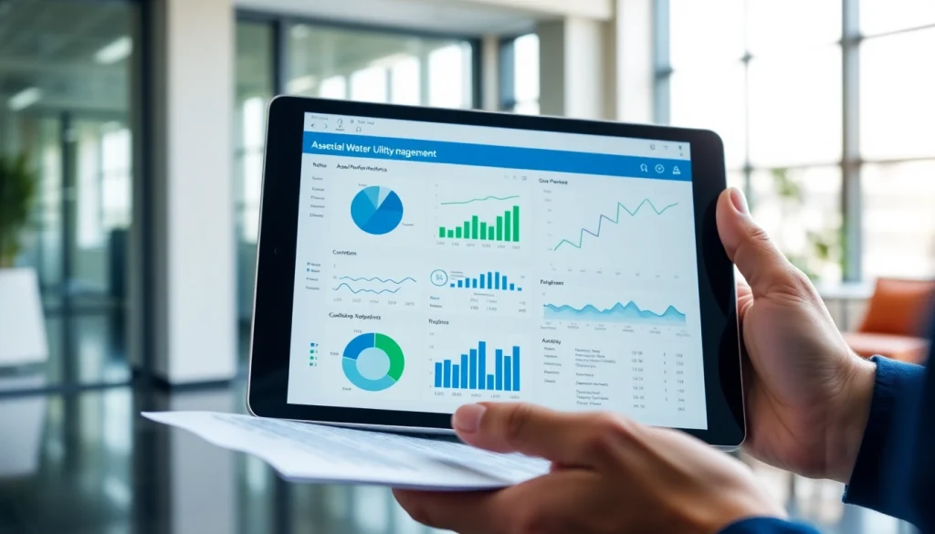 View of https://reticmanager.com showing water utility management interface on a tablet in a bright office.