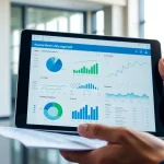 View of https://reticmanager.com showing water utility management interface on a tablet in a bright office.
