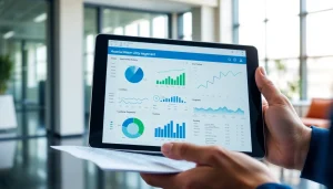 View of https://reticmanager.com showing water utility management interface on a tablet in a bright office.