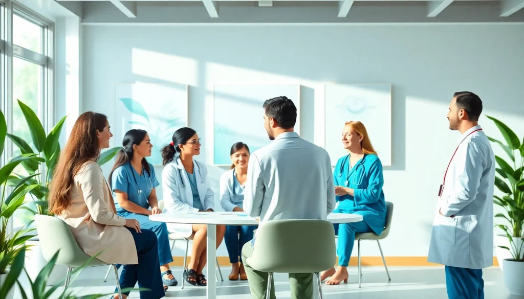 Health professionals collaborating in a bright office environment to improve patient care.