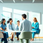 Health professionals collaborating in a bright office environment to improve patient care.