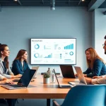 Team collaborating on Microsoft 365 Security & Compliance in a modern office setting.
