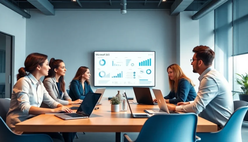 Team collaborating on Microsoft 365 Security & Compliance in a modern office setting.