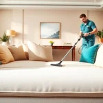 Sofa cleaning Dubai with a technician in a bright living room showcasing professional cleaning service.