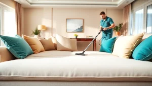 Sofa cleaning Dubai with a technician in a bright living room showcasing professional cleaning service.