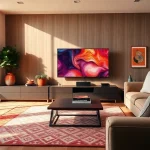 View of a modern living room with the TV88 as the focal point, showcasing sleek design and coziness.