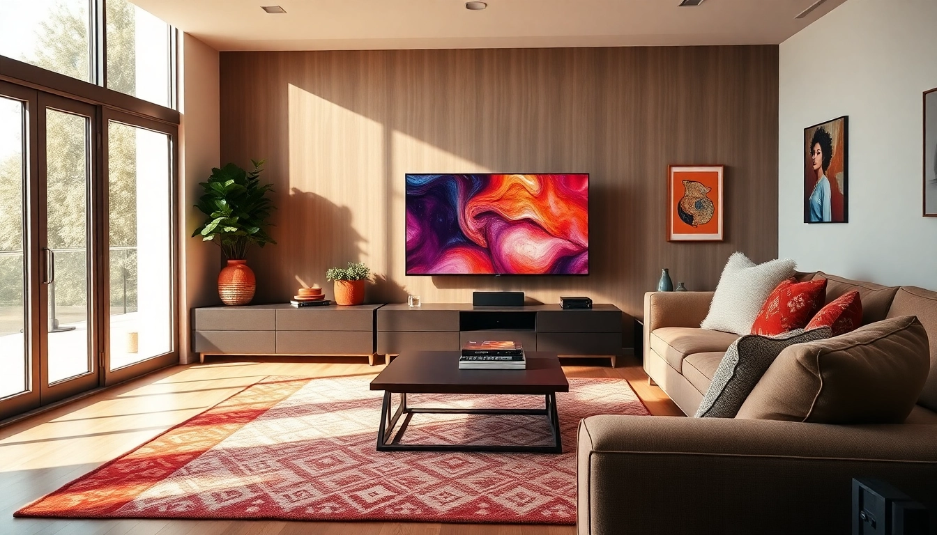 View of a modern living room with the TV88 as the focal point, showcasing sleek design and coziness.