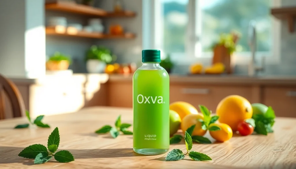 Oxva Liquid bottled elegantly displayed with fresh fruits and mint, inviting ambiance.