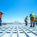 Showcase of skilled workers providing commercial roofing services on a large warehouse.