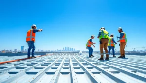 Showcase of skilled workers providing commercial roofing services on a large warehouse.