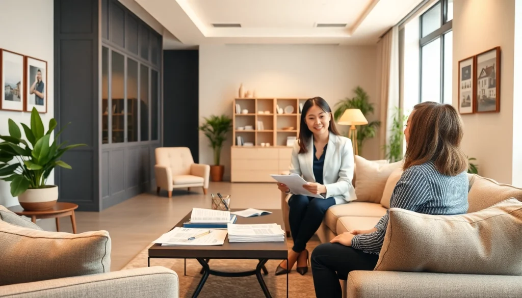 Real Estate agent assists clients in a welcoming office setting featuring house listings.